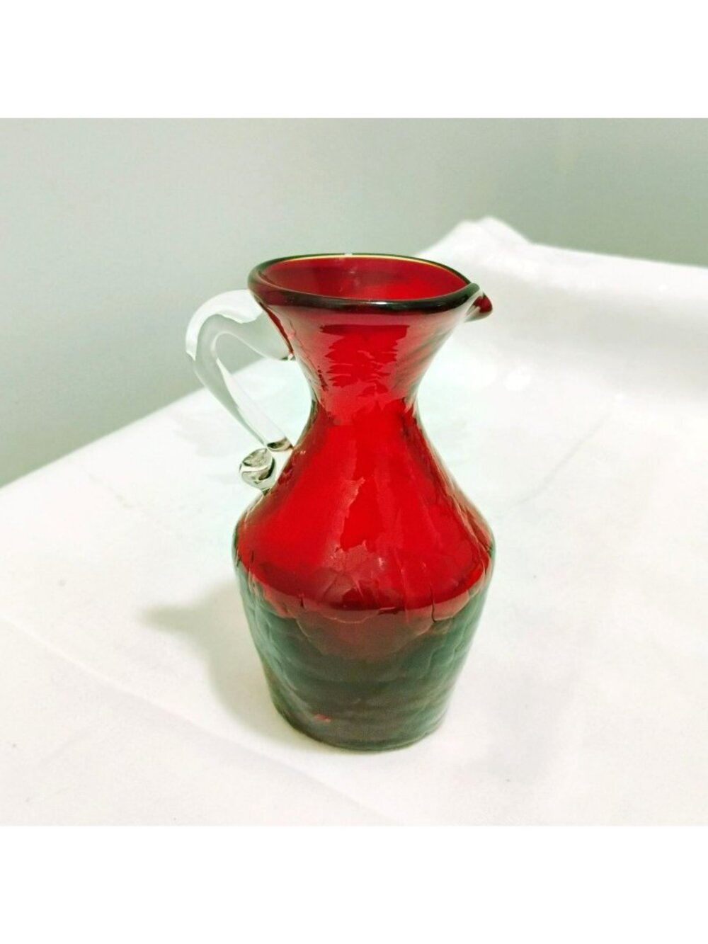 Vintage Kanawha Ruby Red Crackle Glass Mini Pitcher With Clear Handle 5" Glowy